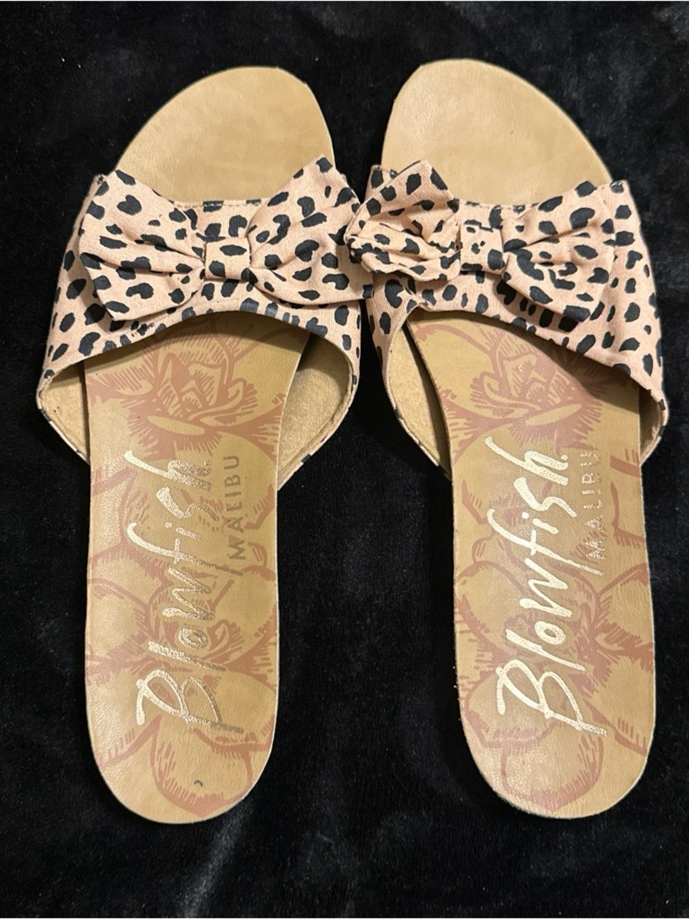 Blowfish Leopard Bow Slide Sandals - Tan and Black